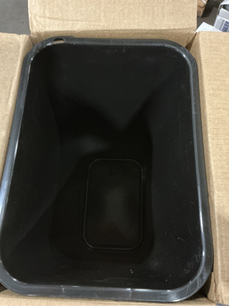 Condition photo showing As Is for SIMILAR TO- TOP CORNER HAS CRACK Rubbermaid Commercial Wastebasket Trash Container, 41QT/10.25 GAL, Plastic, Black, Stackable Trash Can for Bedroom/Bathroom/Office, Fits Under Desk/Sink/Cabinet 10.25 Gallons Black 1
