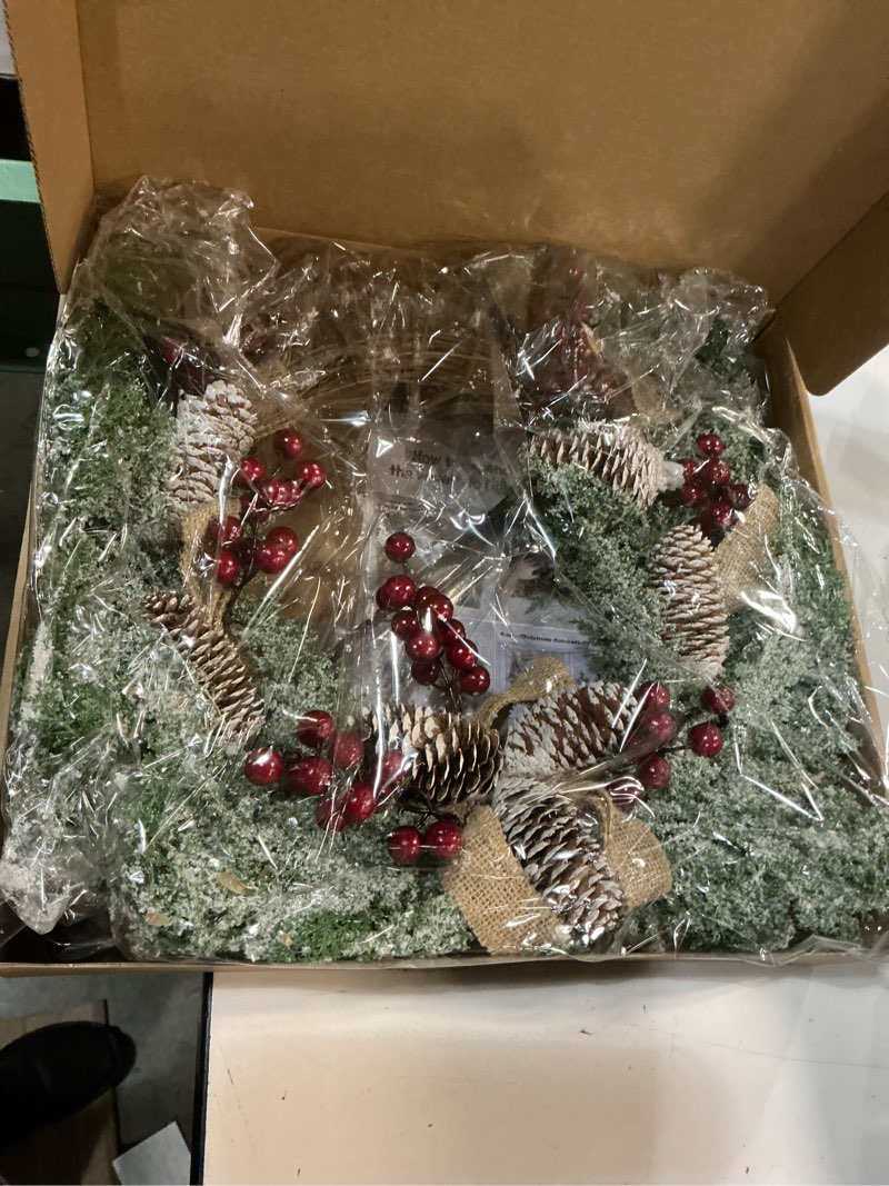 Condition photo showing New/Like New for Artificial Christmas Door Wreath, Christmas Wreaths for Front Door, Window Wreaths with Pine Cone, Red Berries, Burlap Ribbon & Snowflake, Holiday Indoor/Outdoor Wreath Decorations, 23 inch 23” Half Wreath