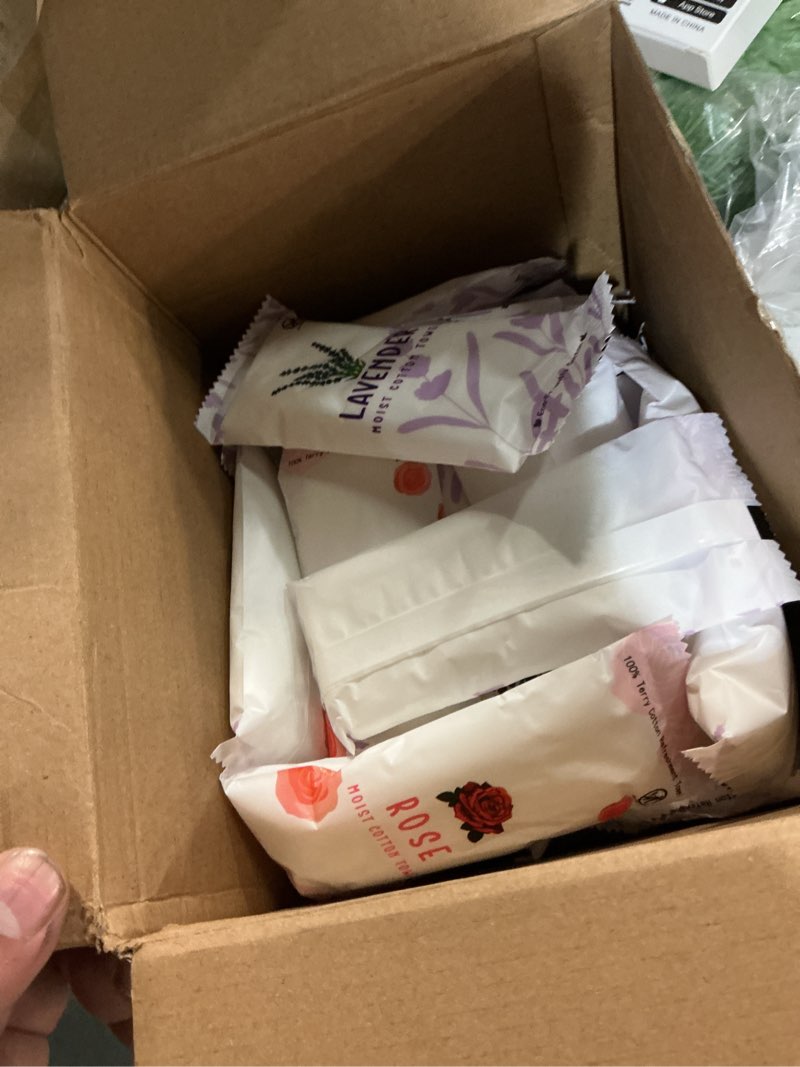 Condition photo showing Good Condition for timgle 50 pcs moist towelettes individually wrapped scented disposable face towels essential oil infused moist terry cotton towel for use hot or cold travel body spa(rose, lavender)