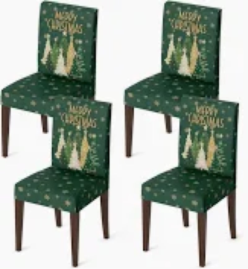 Horaldaily 6PCS Christmas Dining Green Chair Covers, Christmas Pine Tree Stars Stretch Removable Was