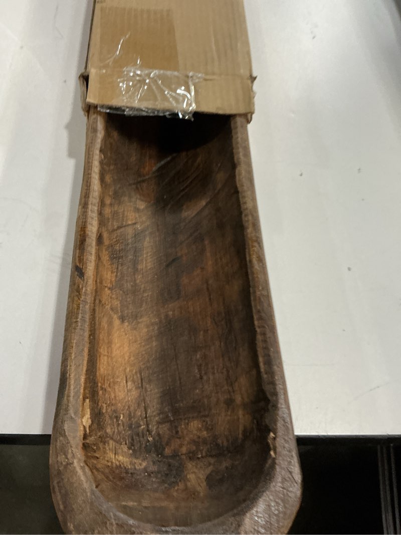 Condition photo showing Good Condition for Rustic Hand Carved Decorative Wood Dough Bowl, Approx 30-Inch Large Bread-Shaped Centerpiece, Long Wooden Bowl for Home Decor