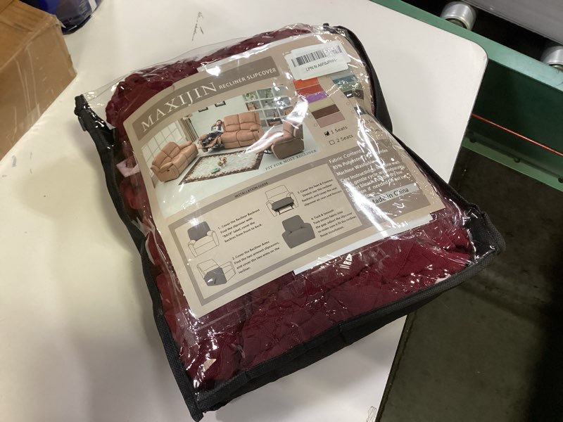 Condition photo showing As Is for MAXIJIN Recliner Cover Slipcovers for Living Room 4 Pieces Stretch Jacquard Recliner Chair Cover Soft Fitted Recliner Protector with Elastic Bottom for Kids, Pets (Recliner, Wine Red) Recliner Christmas Wine Red