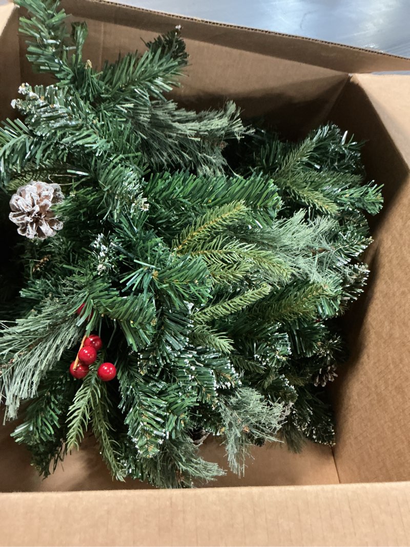 Condition photo showing As Is for Christmas Garland Snowy 9ft with 50 Lights, Christmas Decor with 50 Light Timer for Mantle Staircase Indoor and Outdoor Battery-Operated