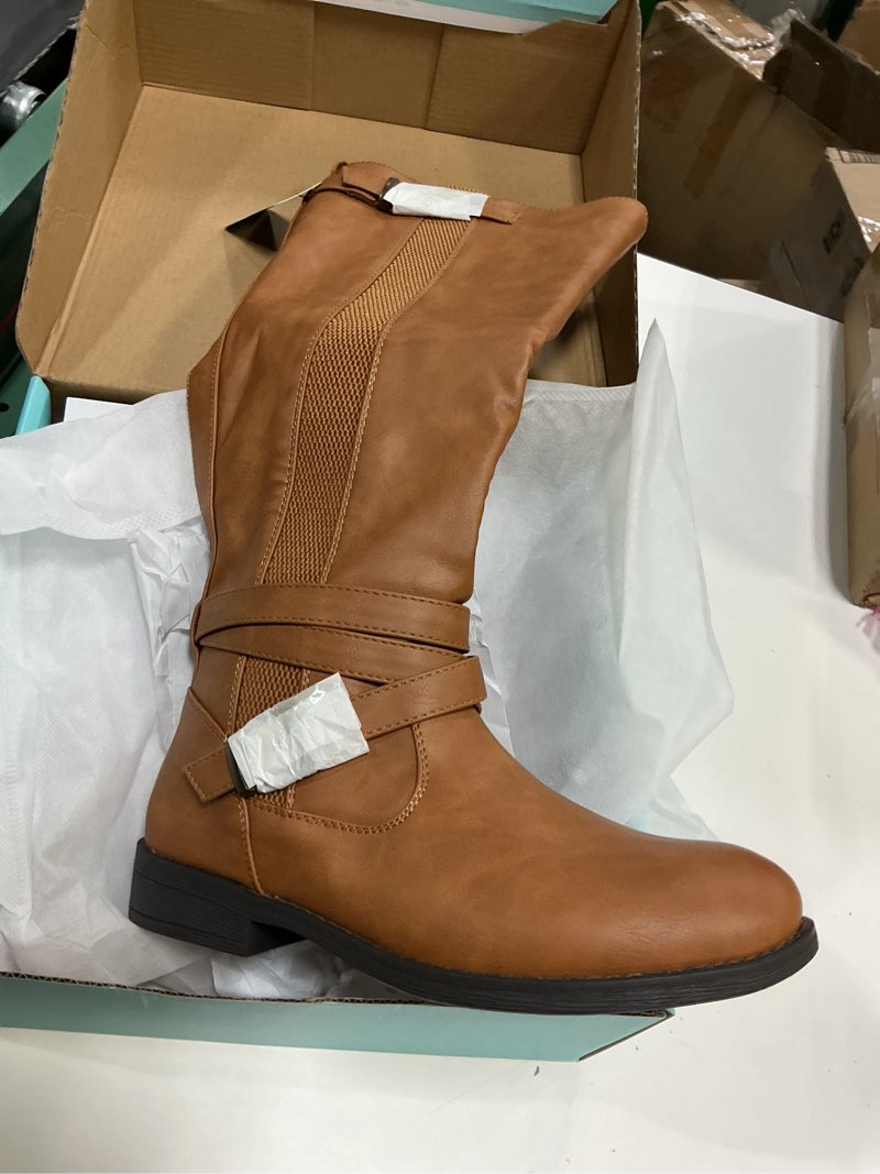Condition photo showing New/Like New for women's knee high riding boots, low heel tall boots with zipper | retro dress style, stretch panel, block heel, round toe comfort, adjustable buckle detail, work casual outfits size 8