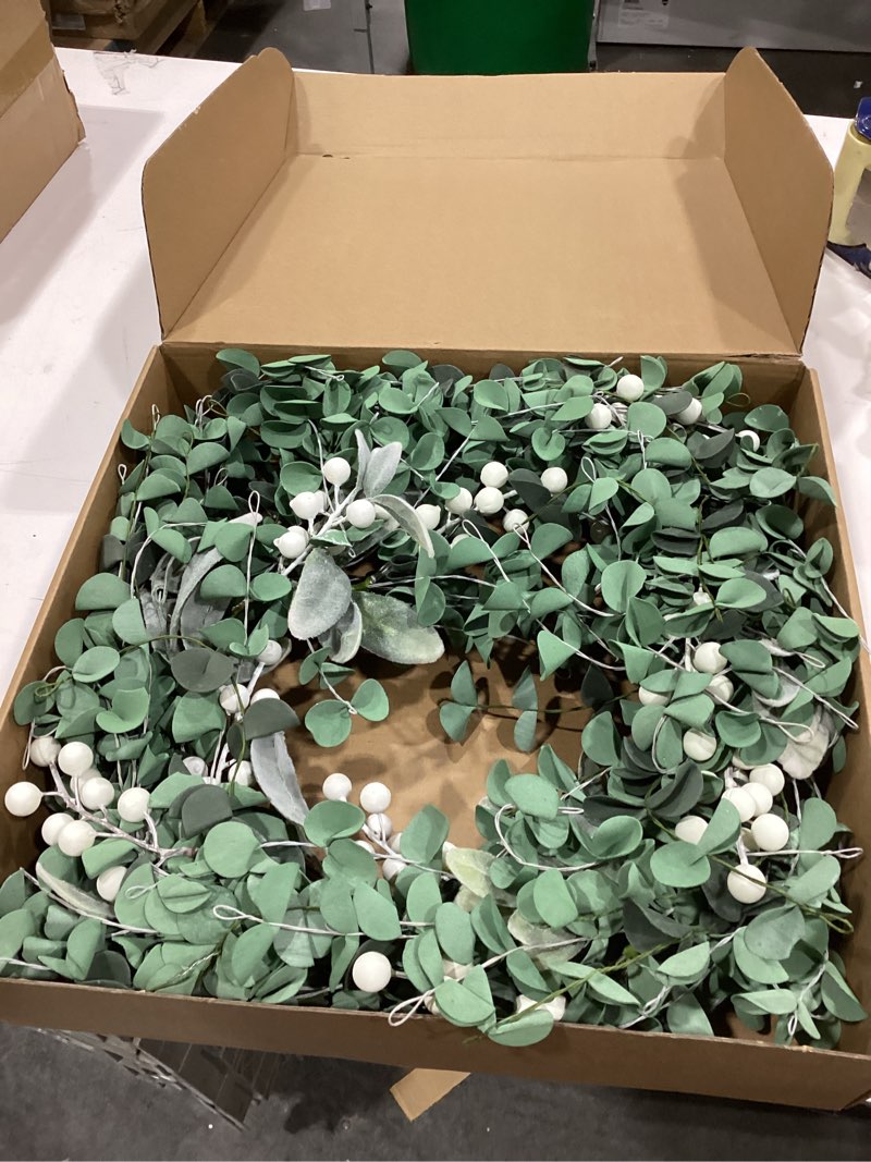 Condition photo showing New/Like New for Sggvecsy Artificial Greenery Leaves Wreath for Front Door 22 Inch Greenery Boxwood Wreath with Flocked Lambs Ear White Berries for Spring Summer Farmhouse Wall Home Indoor Outdoor Decor