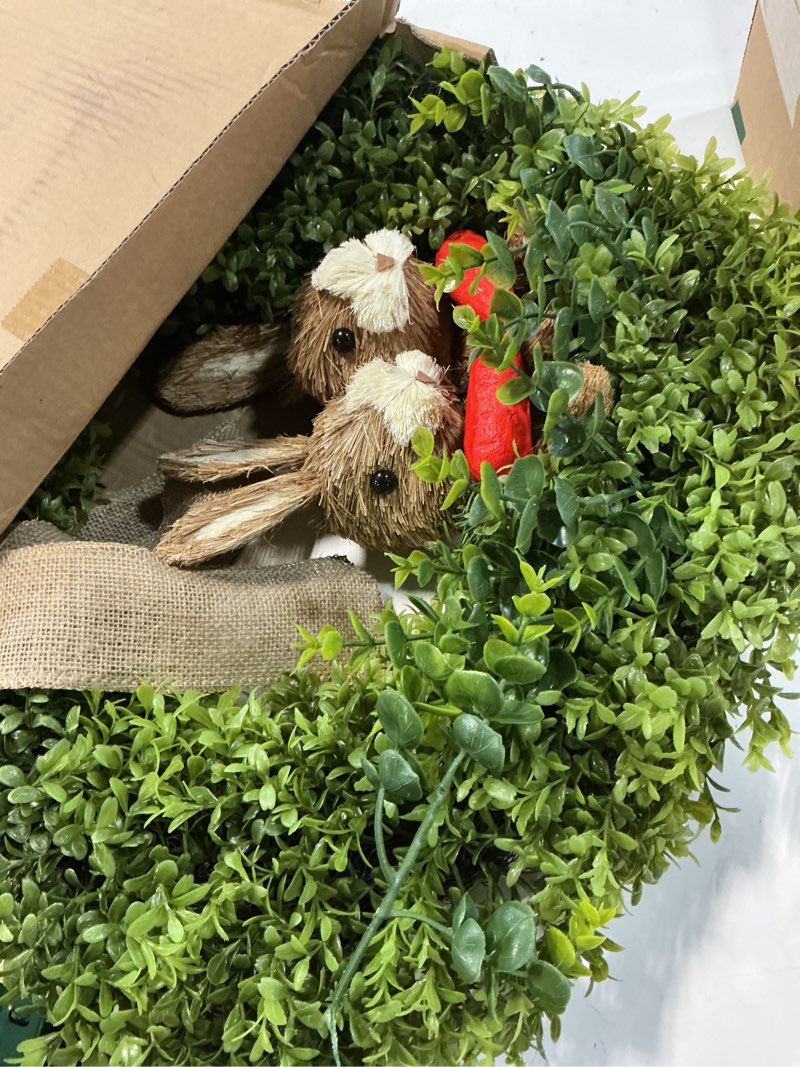 Condition photo showing New/Like New for 22" spring easter wreath for front door - easter bunny wreath - artificial green boxwood wreath with burlap bow & sisal bunnies - spring easter holiday decor for home door, porch, wall,window