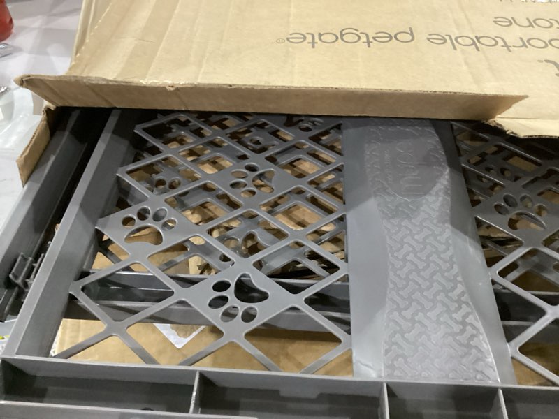 Condition photo showing Good Condition for mypet north states paws portable pet gate: 26-40" wide. pressure mount. no tools needed. made in usa, 23" tall, expandable, durable dog gates for doorways, fieldstone gray