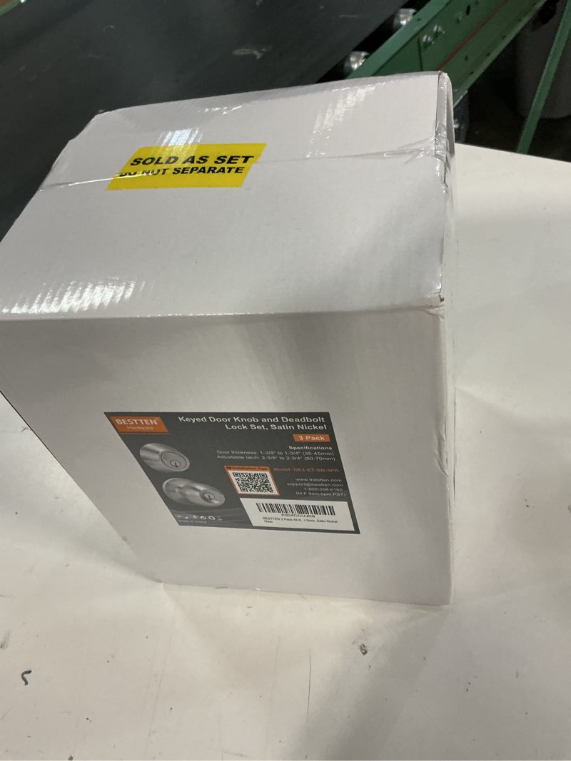 Condition photo showing New/Like New for BESTTEN 3 Pack Keyed Alike Exterior Door Knobs and Single Cylinder Deadbolts Combo Set, Satin Nickel Entry Door Knobs with Locks and Keys for Entrance and Front Door 3 PK Deadbolt Lockset Satin Nickel