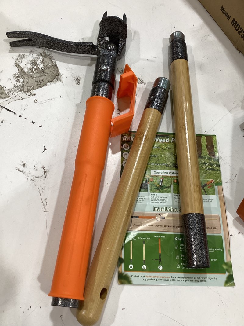 Condition photo showing Good Condition for stand up weed puller tool, 4-claw steel head deep root extractor with dual-eject design, real bamboo long handle & metal anti-slip pedal, no bending dandelion remover for garden lawn yard orange