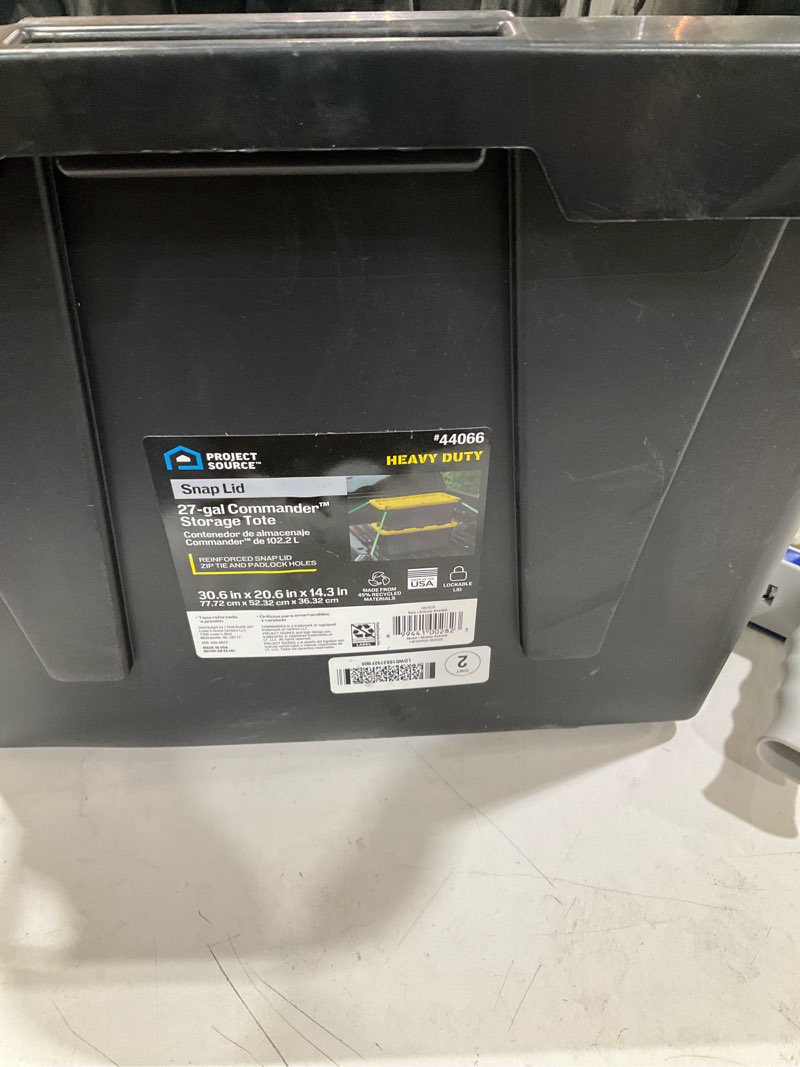 Condition photo showing As Is for project source commander large 27-gallon s (108-quart) black heavy duty tote