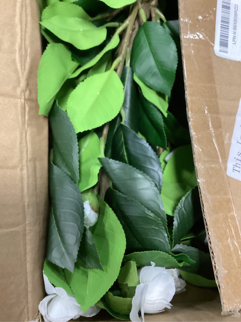 Condition photo showing Good Condition for 2 pack 3ft artificial camellia plants tree 36" faux camellia flower with spike uv resistant realistic fake floral blooming bush for indoor outdoor front door porch backyard garden, white 3 ft white 2