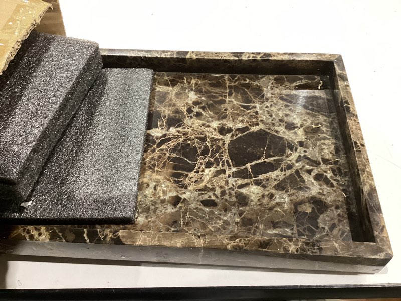 Condition photo showing Good Condition for Real Natural Marble Tray for Bathroom, Genuine Marble Stone Vanity Tray, Luxury Storage Trays for Kitchen, Vanity, Home Decor, Dresser, Non-Resin/Non-Ceramic, 12"x 8"x 1.2", Dark Brown 12" x 8" x 1.2" Brown
