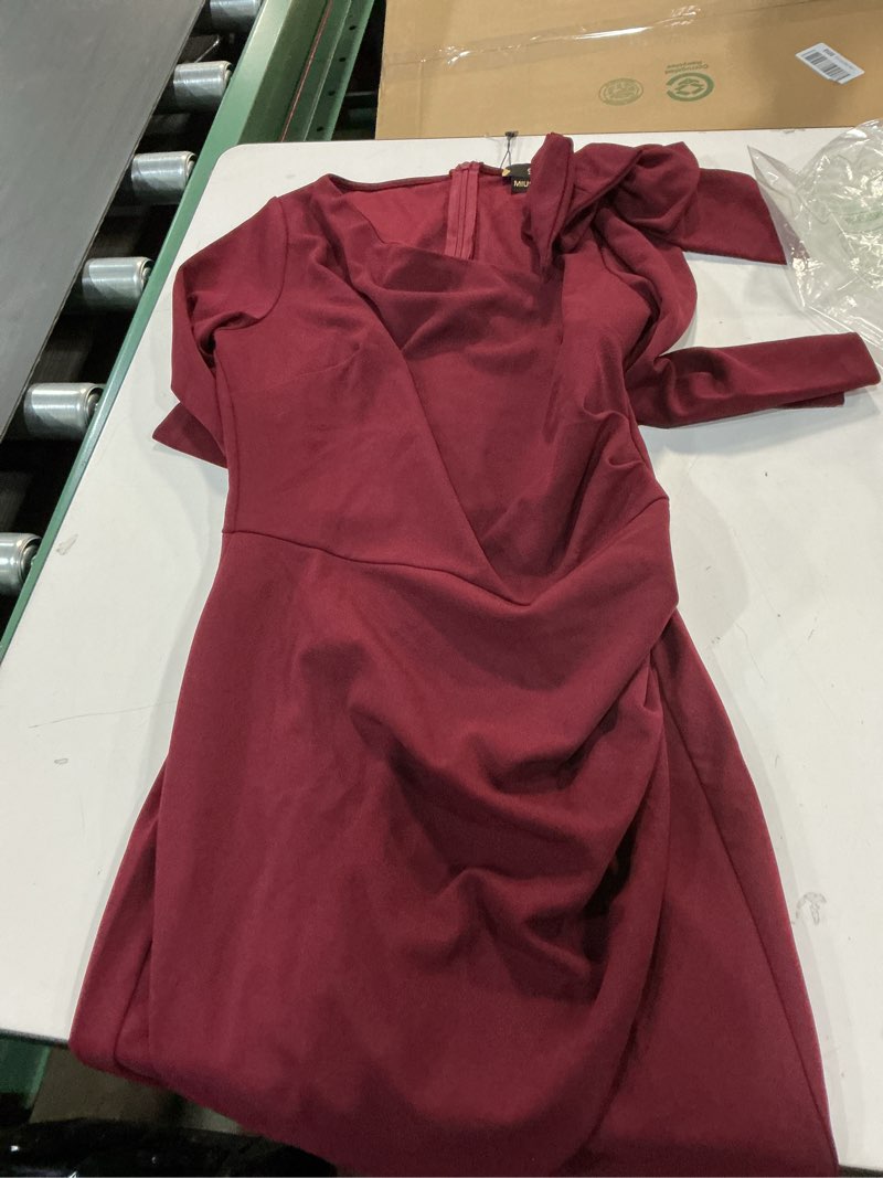 Condition photo showing Good Condition for Women's Peplum Bodycon Long Sleeve Wear to Work Dresses Bow Party Club Ruffle Formal Cocktail Pencil Dress Small Burgundy