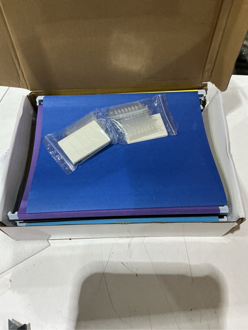 Condition photo showing New/Like New for hanging file folders, 50 pack letter size hanging file folders with 1/5-cut tabs, stay organized for your home and office bulk file, documents and paper, 10 colors
