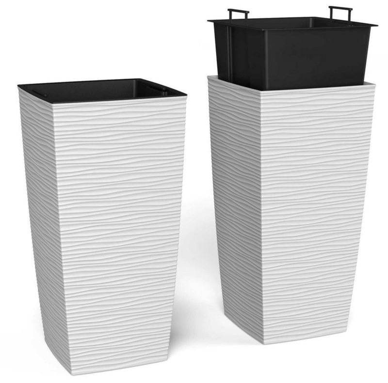 14 in. x 14 in. x 27.5 in. evergreen white, m-resin, indoor/outdoor planter w/built-in drainage, duo set, xl (2-piece)