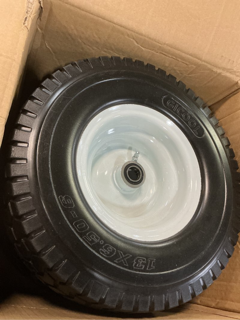 Condition photo showing Good Condition for gicool 13x6.50-6 tire and wheel, 13x6.5-6" flat-free lawn mower tires, 3”-6.5“ centered hub, 3/4" or 5/8" bearing, universal fit garden tractor front wheels, 4 ply, v-turf pattern, 2 pack 13x6.50-6 flat free (turf tread)