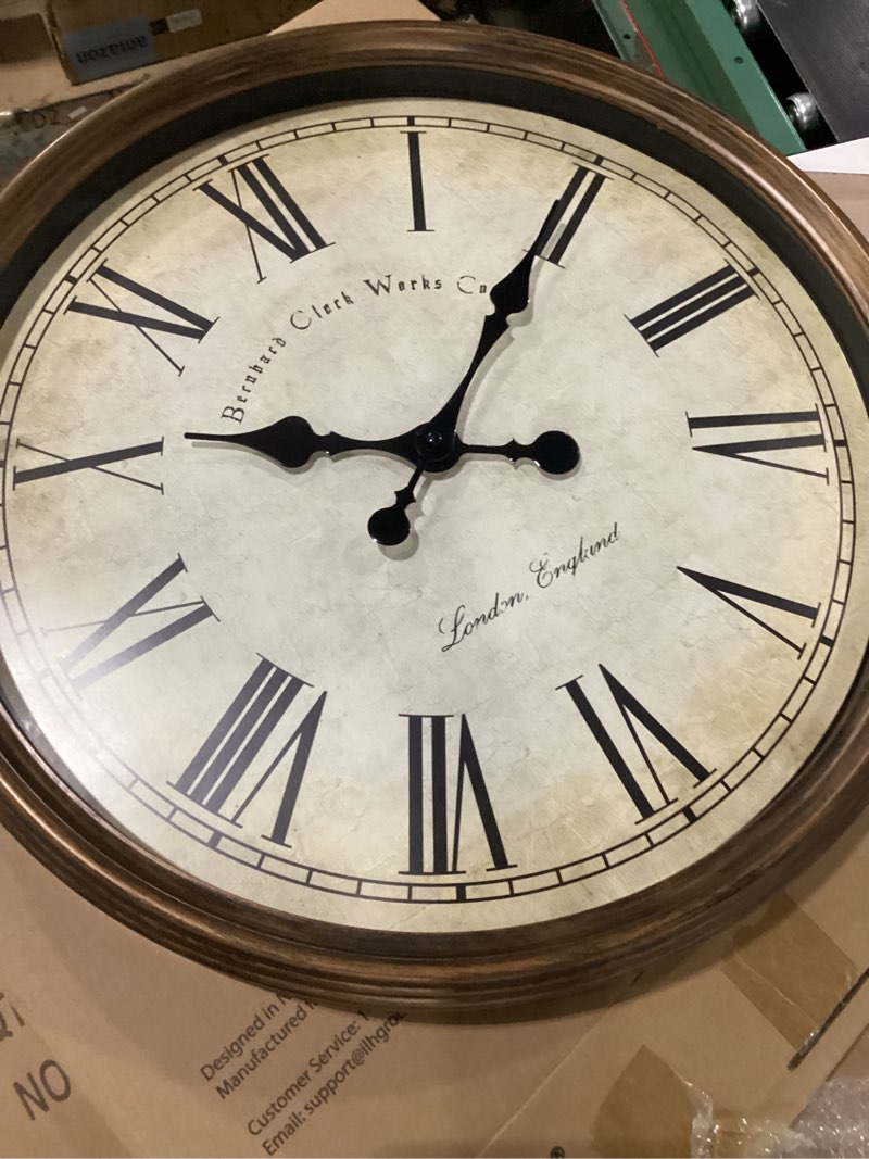Condition photo showing item condition for bernhard products large decorative wall clock 20 inch silent non ticking battery operated quartz vintage stylish with rustic dark brown rim for home living/dining room kitchen & over fireplace