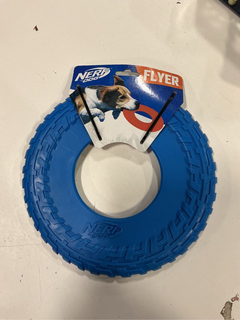 Condition photo showing New/Like New for Nerf Dog Rubber Tire Flyer Dog Toy, Flying Disc, Lightweight, Durable, Floats in Water, Great for Beach and Pool, 10 Inch Diameter, for Medium/Large Breeds, Single Unit, Blue, Original