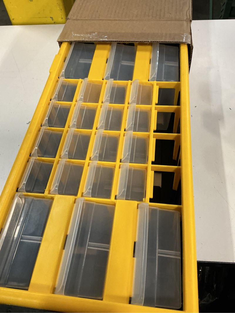 Condition photo showing As Is for akro-mils 26-drawer plastic drawer storage cabinet for garage organization, bead organizer, building bricks storage, teacher toolbox, makeup organizer, 20\" w x 6\" d x 10\" h, 10126 yellow yellow 26 drawer 1 pack (missing drawers)