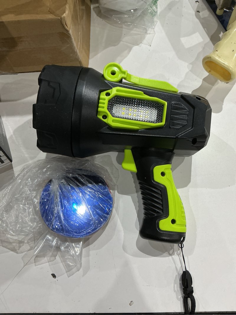 Condition photo showing As Is for rechargeable spotlight?2000000 lumens super bright led spotlights flashlight, 10000?ah spot lights long runtime waterproof ?spot light outdoor handheld with cob light & foldable tripod for camping green