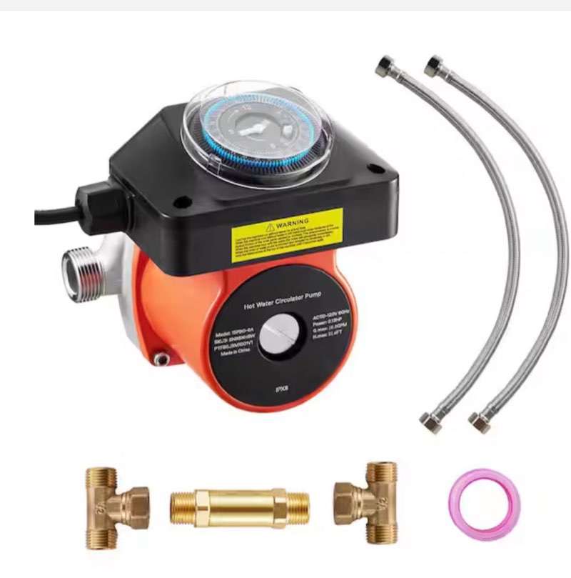 Hot Water Recirculating Pump Kit with Bypass Valve, Timer & Adapter, Stainless Steel Head, 0.13 HP 110-120V