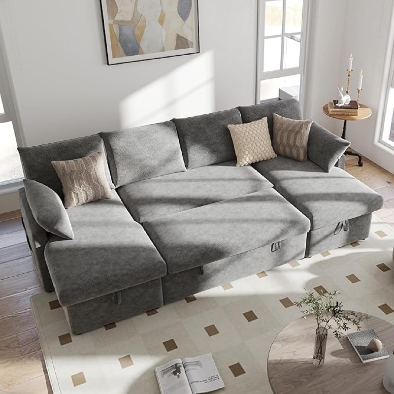 (incomplete box 1/3)Real Relax 104'' Sofa Bed, U Shaped Chenille Sleeper Sofa Couch with Pull Out Bed and Chaise Storage for Living Room, Apartment and Office, Dark Gray