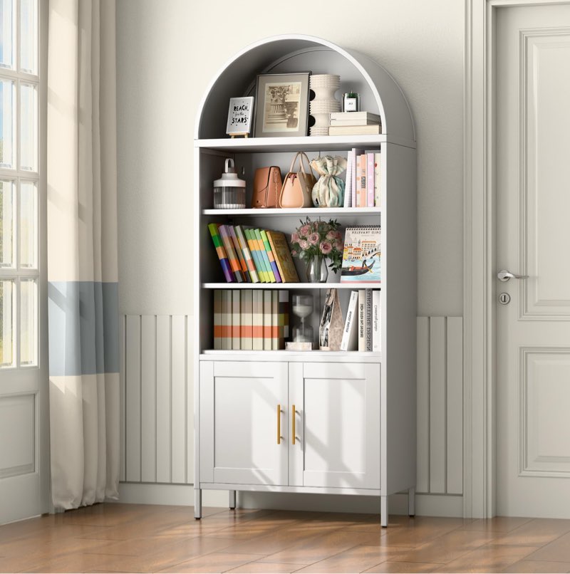 , 72.83" H Metal Arched Bookcase, Freestanding Arched Bookshelf for Home Office,Assemble Require, White