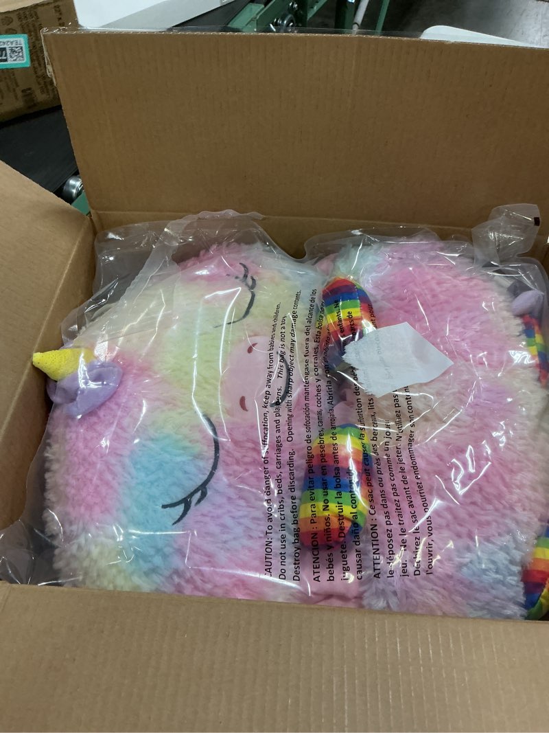Condition photo showing Good Condition for Happy Nappers: Pillow & Sleepy Sack: Medium - Rainbow Unicorn - 54 x 20, Plush Animal Character, 2-in-1 Pillow Sleeping Bag, Play, Kids Ages 3+ 54"L x 20"W Rainbow Unicorn