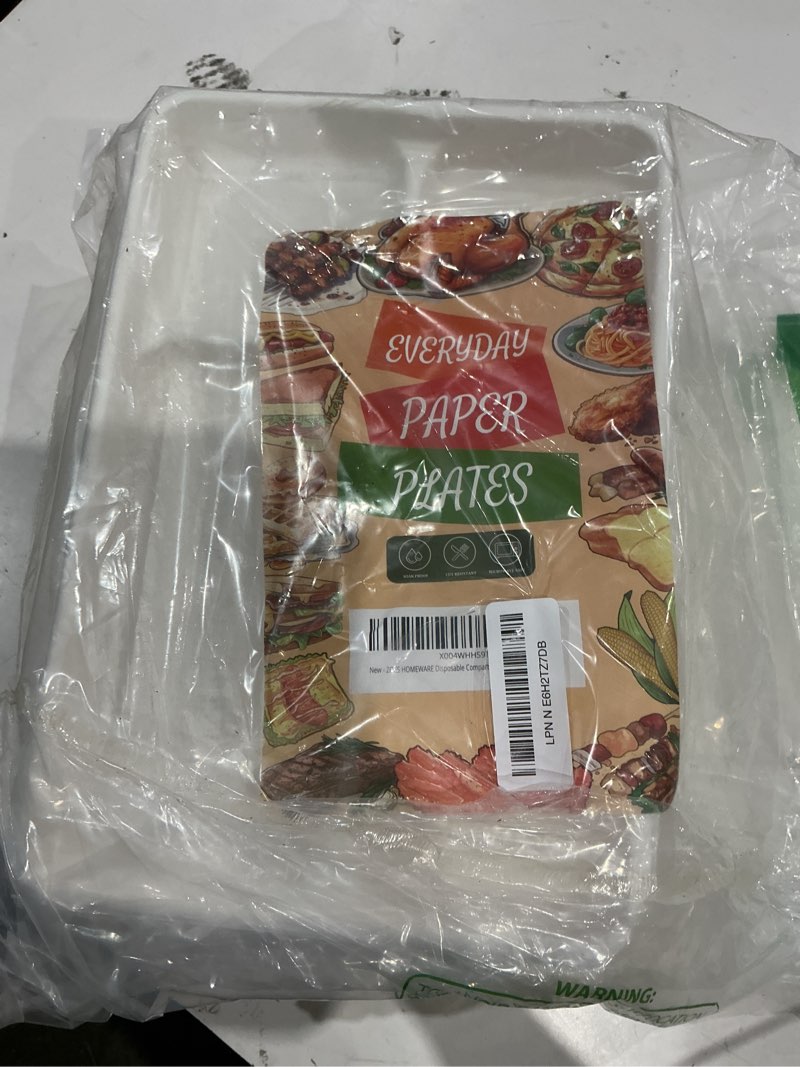 Condition photo showing Good Condition for 5 compartment plates disposable, 100 pack, 12.5" x 8.6" 100% compostable disposable paper plates with dividers for school lunch, party, buffet, picnic white