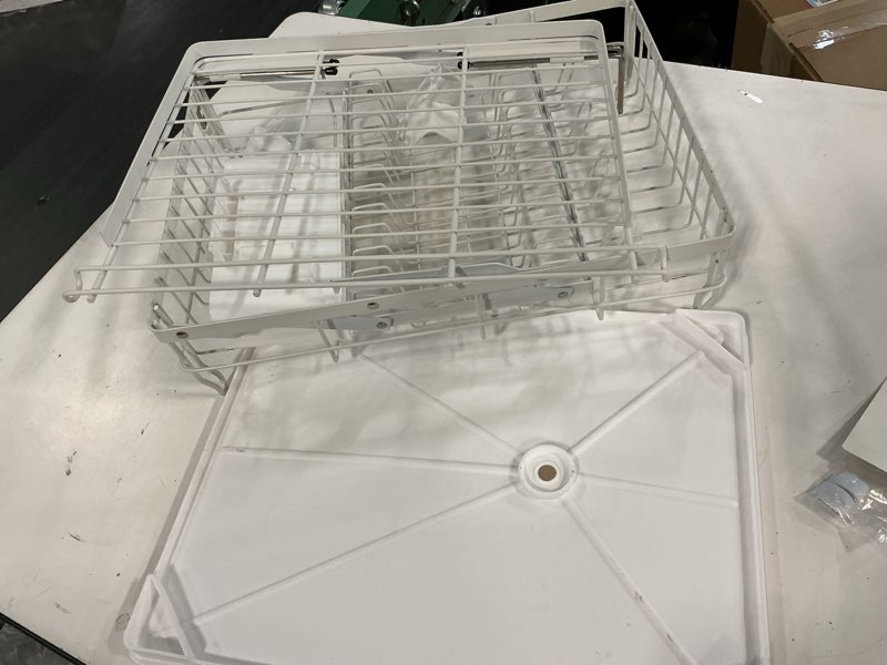 Condition photo showing As Is for Dish Drying Rack, Two-Tier Dish Drying Rack with Utensil Holder and Cutlery Tray – Auto-Draining Large Capacity Dish Drainer with Drainboard for Kitchen Counter, White 2-tier - White Metal