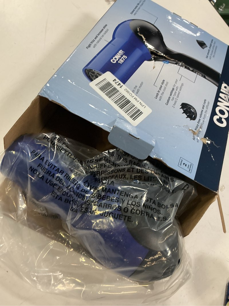 Condition photo showing Good Condition for Conair Hair Dryer, 1875W Turbo Blow Dryer with Tourmaline Coating and Ionic Conditioning, Includes Diffuser and Concentrator Attachments, 2 Heat & 2 Speed Settings, Blue/Black 3 Piece Set