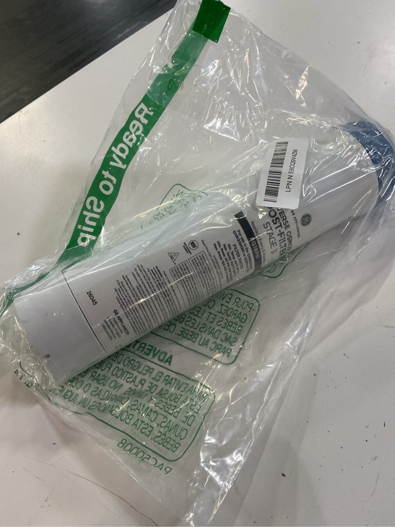 Condition photo showing As Is for ge membrane filter compatible with select ge under sink filtration systems including gxrq18nbn, gnrq18nbn, gxrv40tbn, replace every 12 months, fq18mn 1 count ( pack of 1) fq18mn