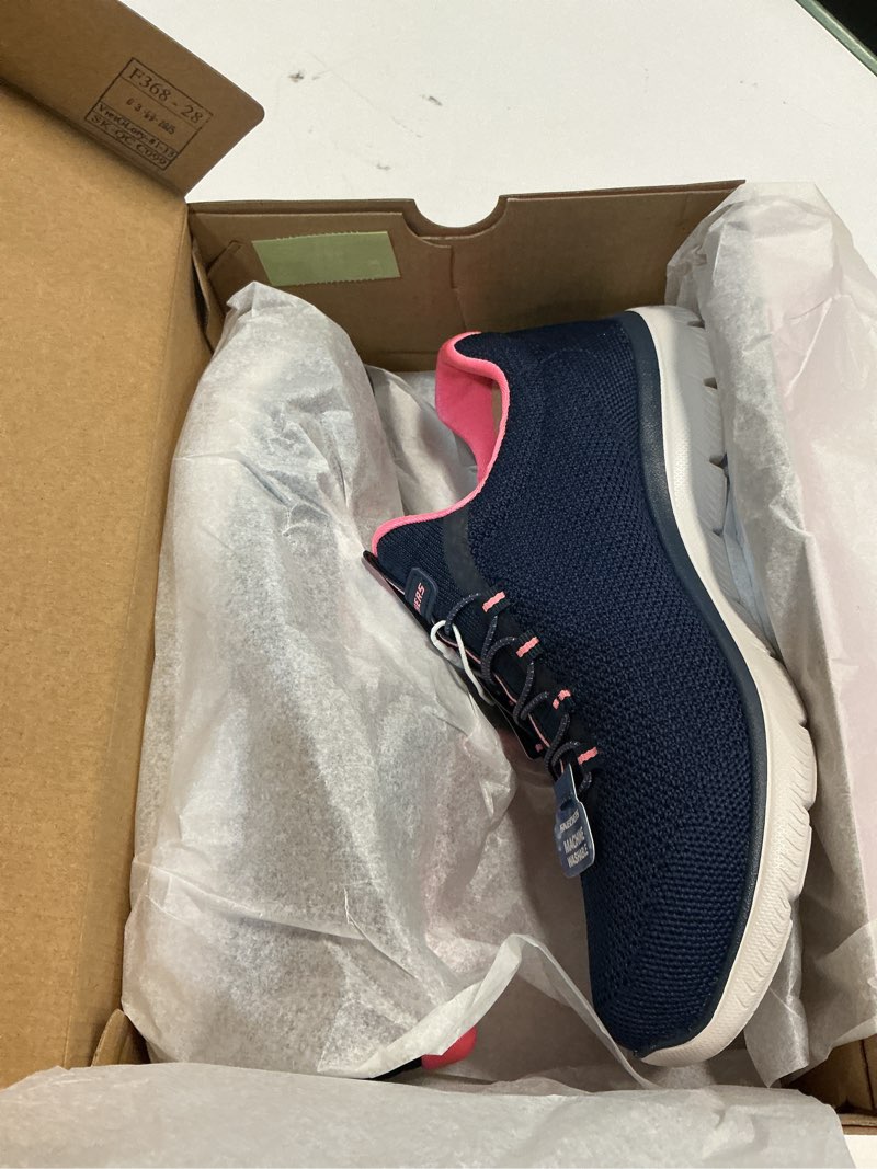 Condition photo showing New/Like New for size 8.5 skechers women's summits - dazzling haze hands-free slip-ins - memory foam insole, heel pillow, vegan materials sneaker navy/hot pink