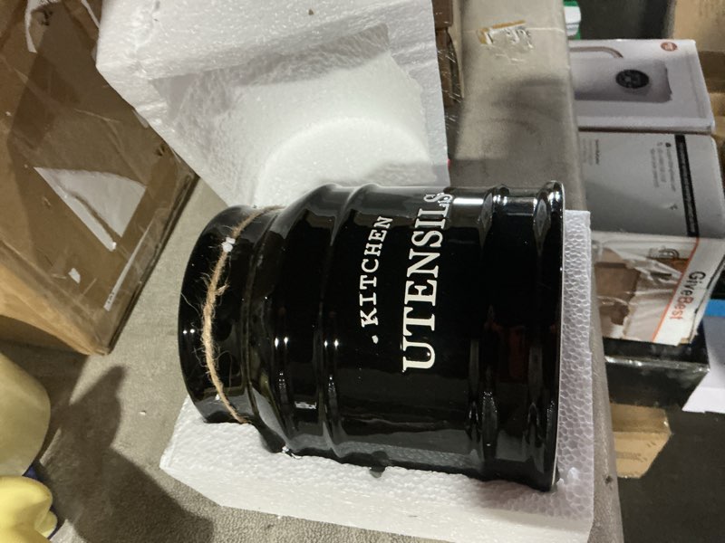 Condition photo showing Good Condition for Barnyard Designs Ceramic Farmhouse Utensil Holder for Kitchen Counter, Large Rustic Utensil Crock, Countertop Cooking Tool Spatula Organizer, 6.75” (Black)