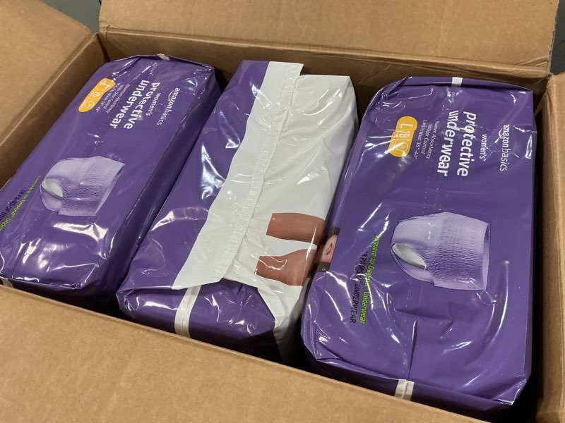 Condition photo showing New/Like New for Amazon Basics Postpartum Incontinence Underwear for Women, Maximum Absorbency with Bladder Leak Protection, Fresh Protection, Disposable, Large, Lavender, 18 Count