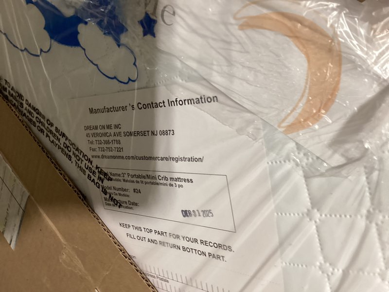 Condition photo showing New/Like New for Dream On Me Holly 3” Mini/Portable Crib Mattress, Greenguard Gold & BSA Certified, Fits Portable & Mini Cribs, Lightweight Fiber Core, Waterproof Vinyl Cover (38"x24"x3")