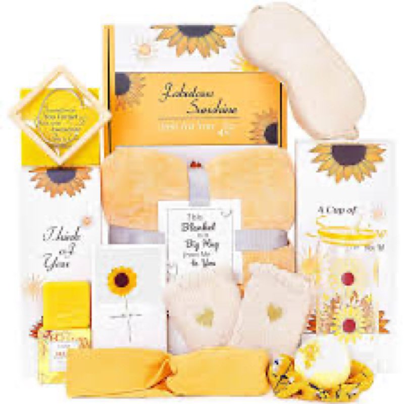 gift baskets for women, sending sunshine sunflower care package for women, thank you, get well, sympathy inspirational friendship christmas gifts for mom her sister friends wife, self care spa basket