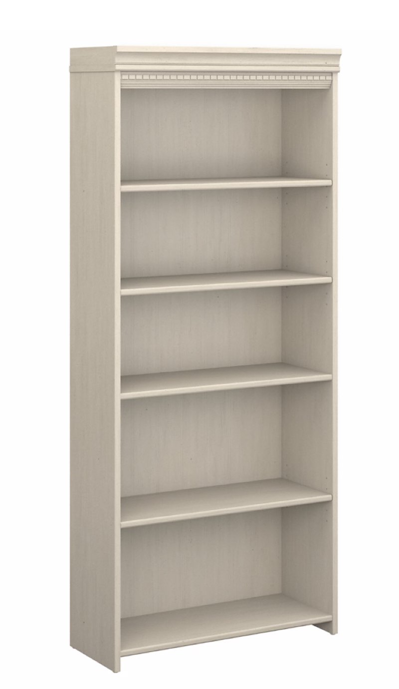 Bush Furniture Fairview Collection 69"H 5-Shelf Bookcase with Adjustable Shelves, Antique White Laminated Wood