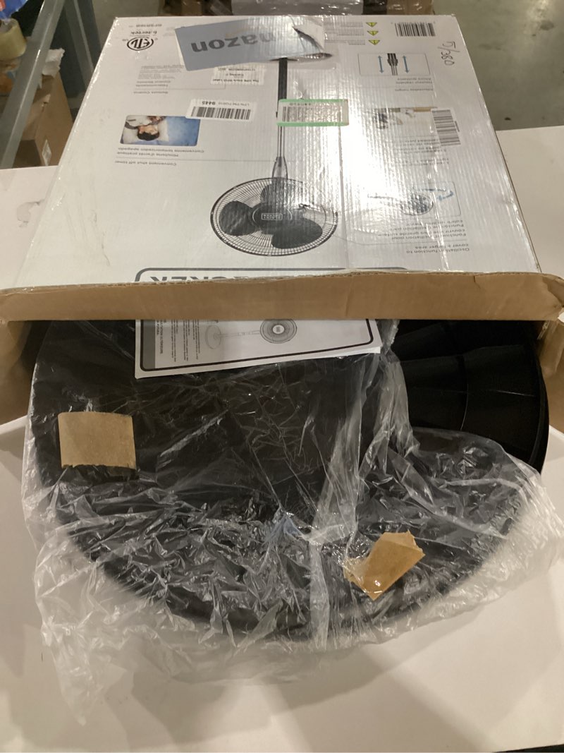 Condition photo showing As Is for not tested**** black+decker 16 inches stand fan with pedestal base, height adjustable pedestal fan with remote and touch control panel, free standing fan with 90-degree oscillating and 3-speed settings, black
