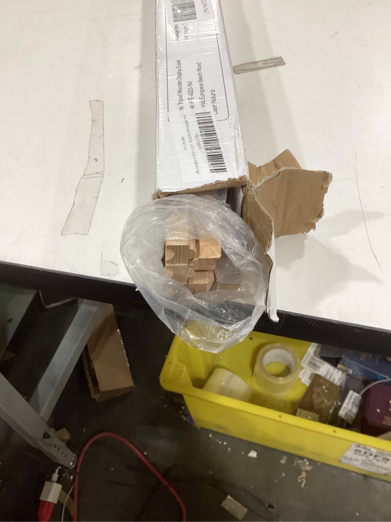 Condition photo showing As Is for MEEDEN Wood Easel Stand for Display: Wooden Tripod for Poster Board - Wedding Easel Standing for Welcome Sign Natural Color