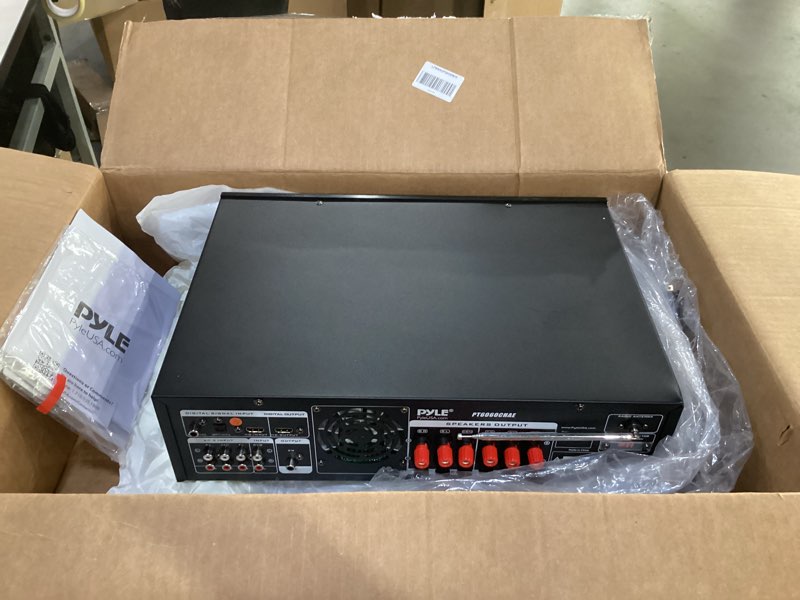 Condition photo showing As Is for not tested**** pyle bluetooth hybrid home amplifier - 6-channel 2000w rack mount power amplifier receiver w/ radio - dual 10 band eq, karaoke microphone x2, usb, rca, coax, opt, dvd inputs, hidef input and output 6 channel amplifier 2000w amplifier