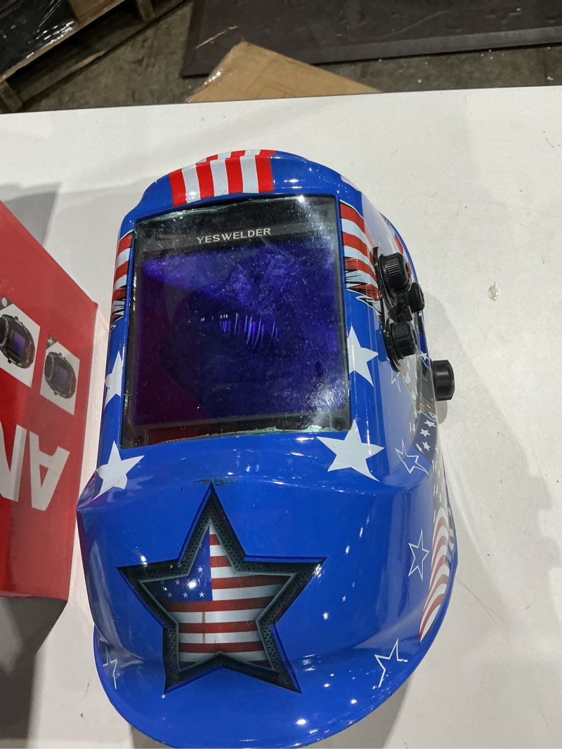 Condition photo showing As Is for andeli welding helmet with 4 led light, panoramic large viewing screen 3.94"x3.74" true color auto darkening welding helmet, 4 arc sensor 4/5-9/9-13 type-c charging monerae led pro