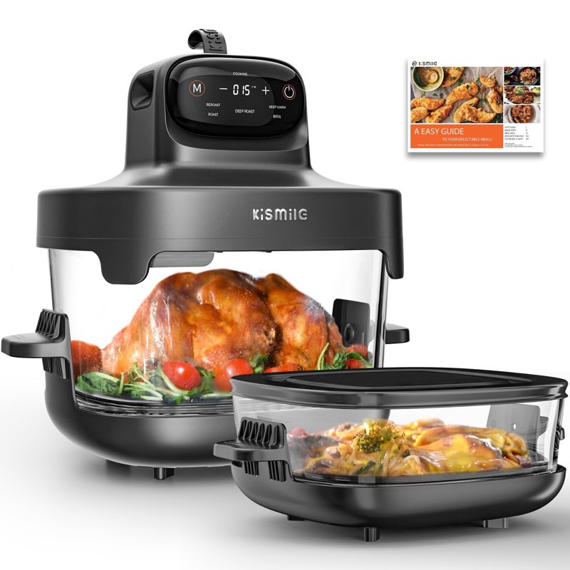 kismile 5-in-1 portable glass multifunctional air fryer with 360° visualization, 2 sizes 2.6qt/4.7qt with lids, 1500w, refrigerator&dishwasher safe