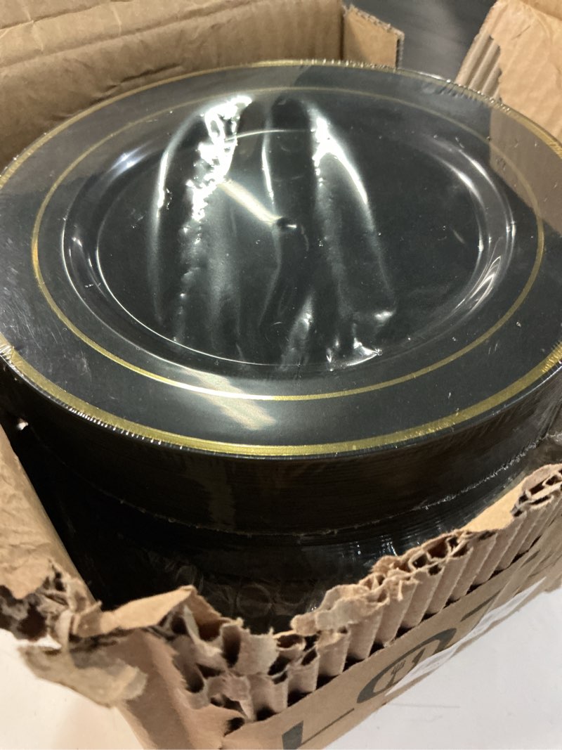Condition photo showing New/Like New for lot45 black and gold disposable plates, 100pk - 7.5 inch round plastic plates with gold trim - elegant dessert plates for weddings, parties