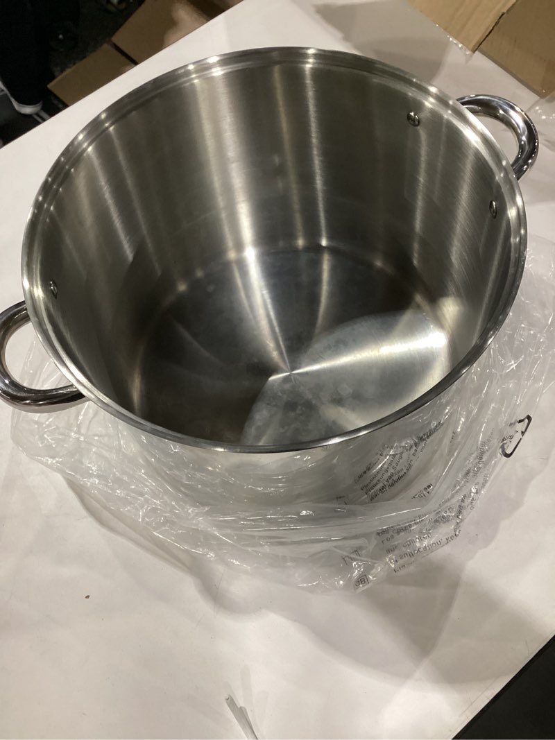 Condition photo showing As Is for cook n home stockpot with lid, basics stainless steel soup pot, 16-quart 16 quarts silver