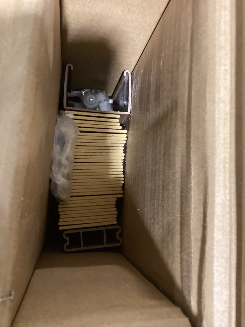 Condition photo showing As Is for eclipse 2in. faux wood blinds, 56\"w x 64\"l in dark oak - cordless window blinds, certified safe for children & pets, light filtering, wand tilt and smooth easy operation, window shades for home faux wood 21\"w x 72\"h dark oa