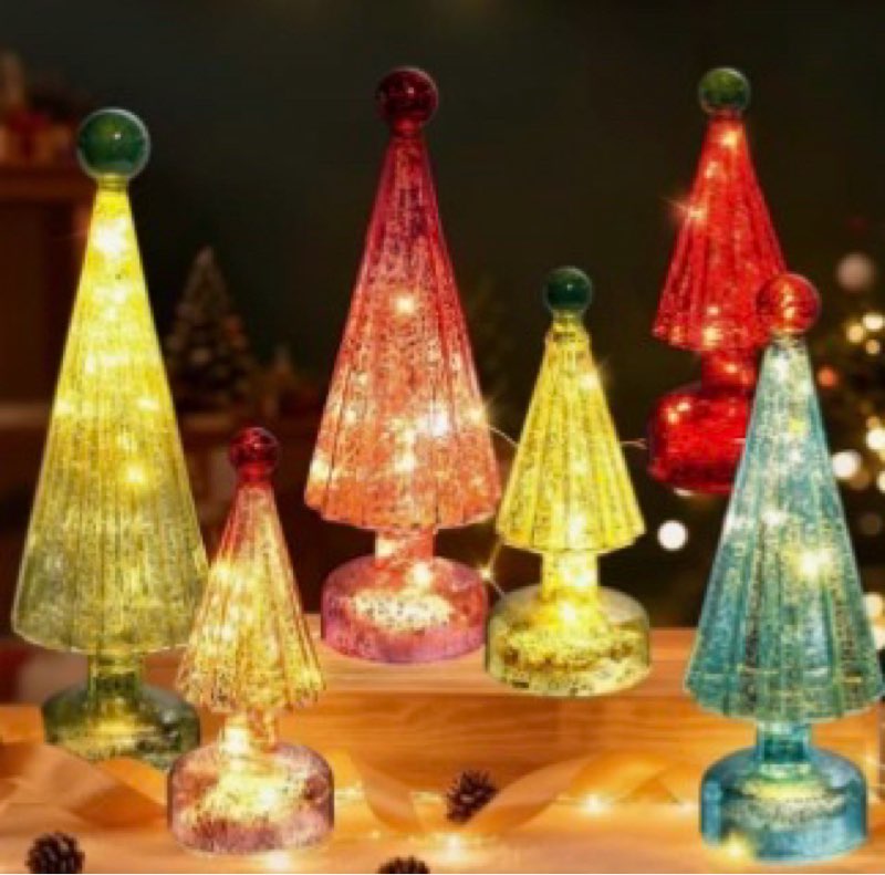 Yungyan 6 Pack Mercury Glass Christmas Trees Tabletop Decorations LED Light Up Battery Operated Pink