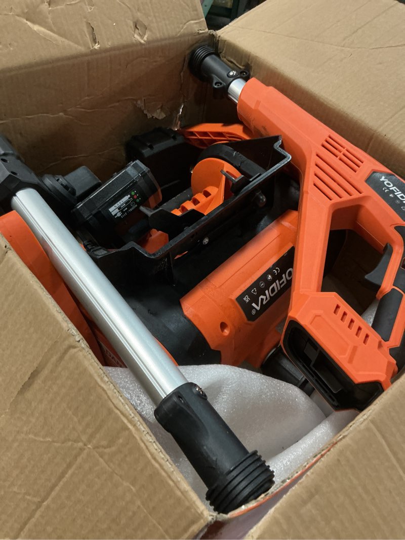 Condition photo showing As Is for Cordless Snow Shovel, Electric Snow Shovel 12" Width 6.7" Depth Cleaning and 20ft Throwing Distance, 4 Ah 21V Battery Brushless Snow Mover with Adjustable Front Handle for Driveway, Steps, Patio Orange