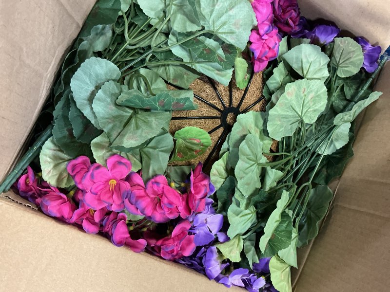 Condition photo showing New/Like New for inspring geraniums artificial flowers hanging basket for outdoors outside spring decoration, 8 bundles silk flowers fake plants look real uv resistant for porch home patio balcony yard, purple fuchsia