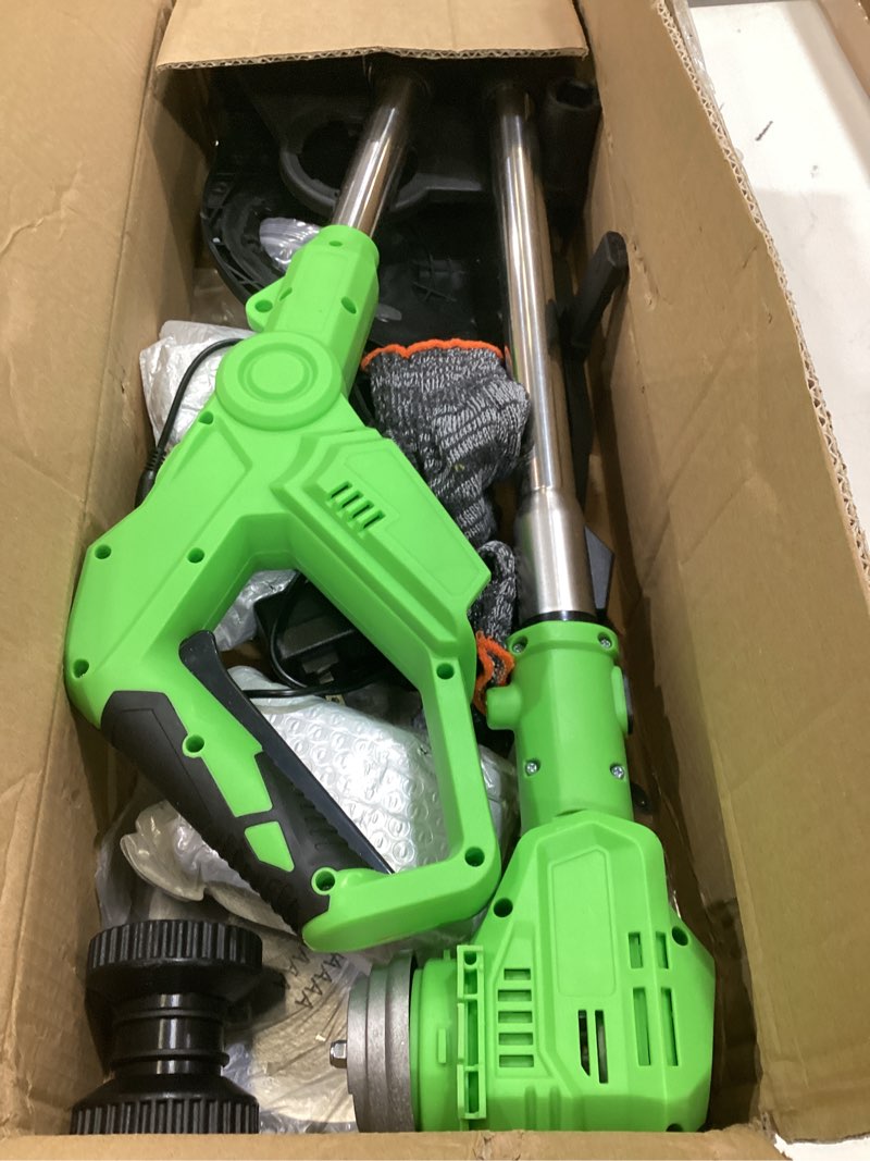 Condition photo showing As Is for 3 in 1 cordless weed wacker, 21v battery powered weed eater & brush cutter, electric grass trimmer/edger lawn tool, 19000rpm motor, 2 x 2.0ah batteries and charger included, eco friendly grass cutter